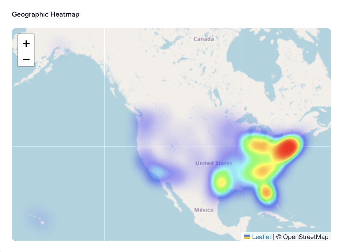 Geographic heatmap showing survey respondent concentrations across the United States