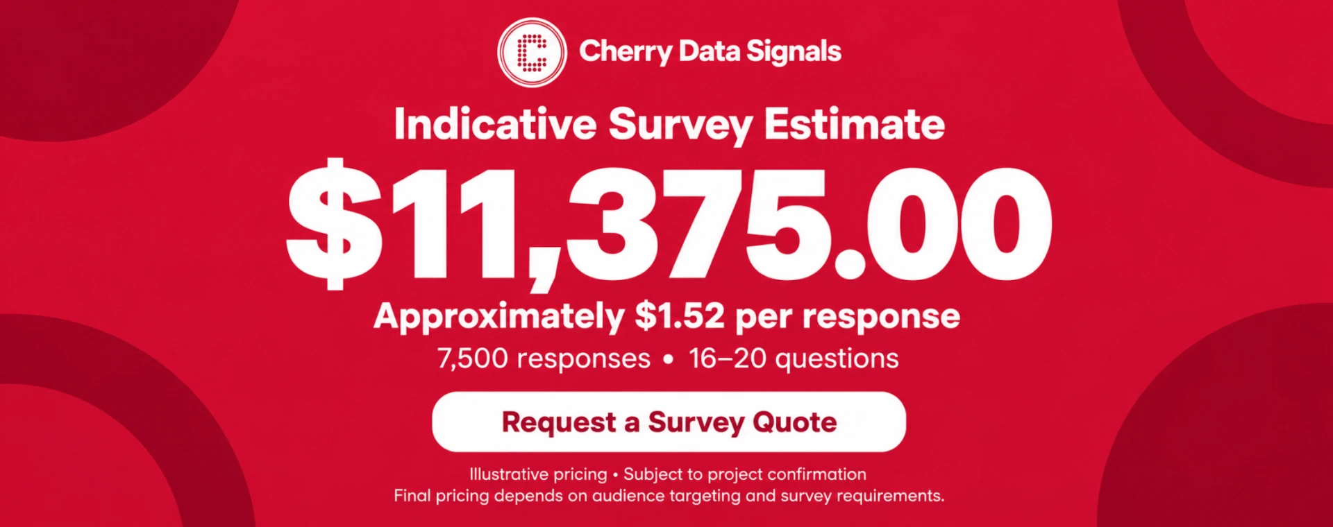 Cherry Data Signals survey pricing of $11,375.00 for 7,500 responses and 16–20 questions