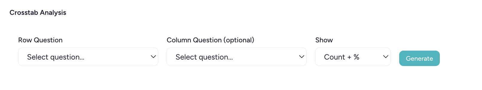 Crosstab analysis controls for selecting row and column questions and displaying counts and percentages
