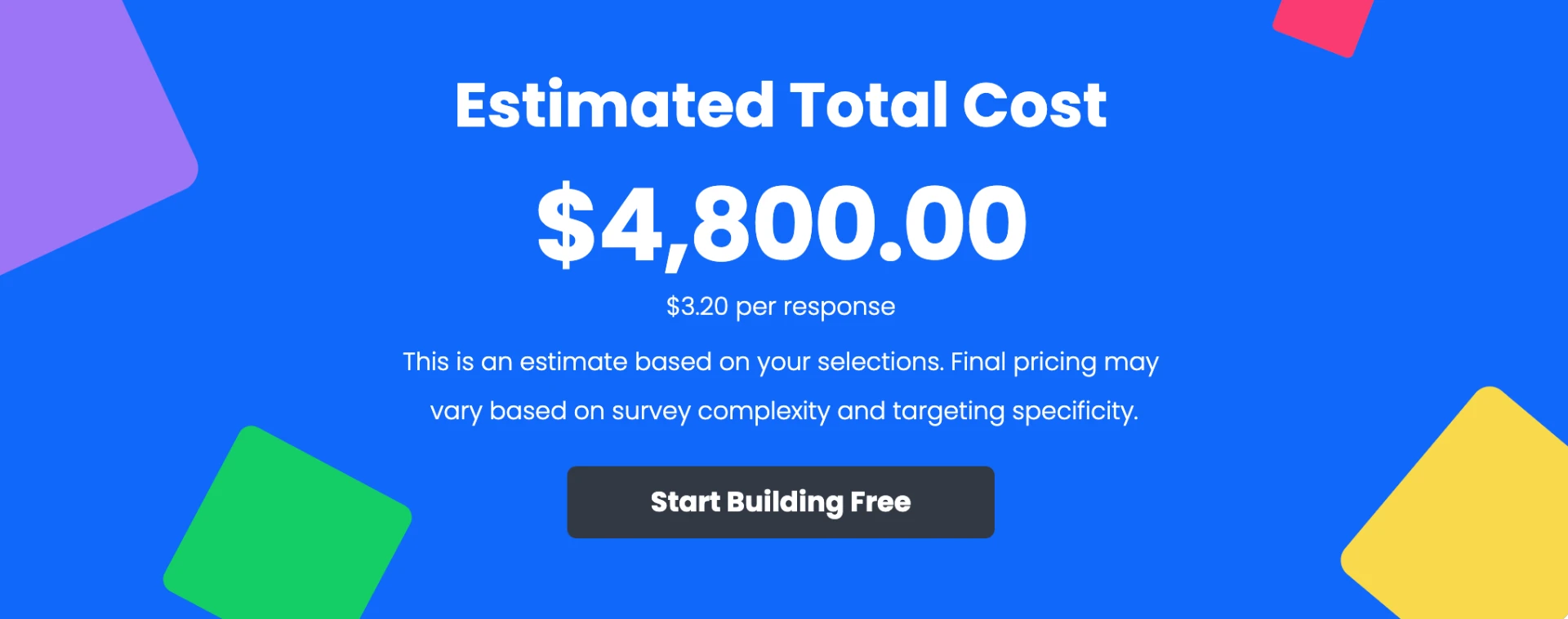 Pollfish calculator showing a total cost of $4,800.00, $3.20 per response