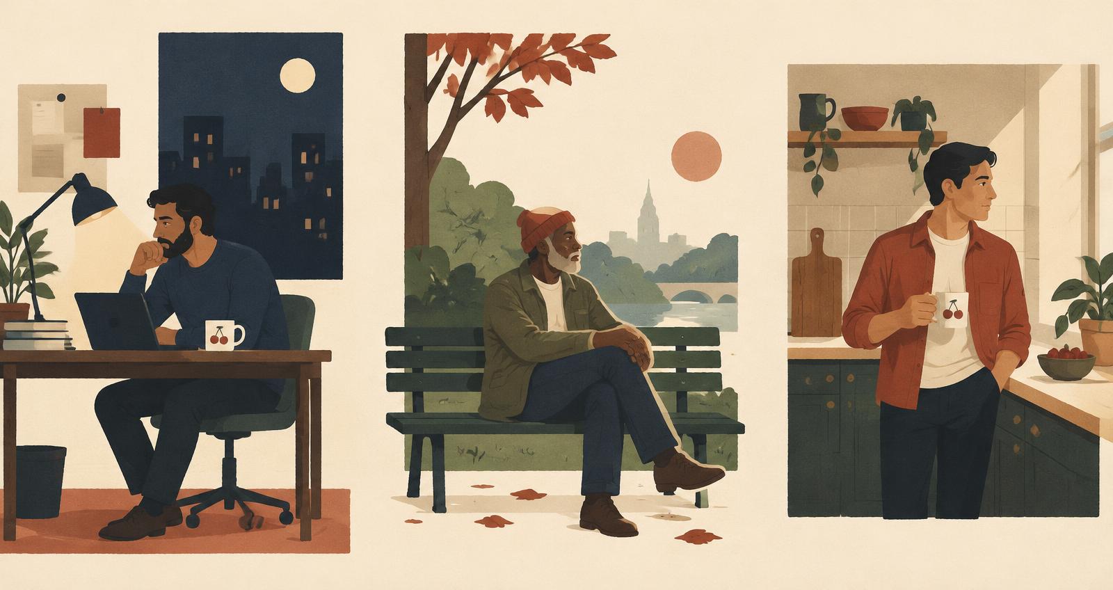 Editorial illustration of men in separate everyday settings, reflecting the study’s theme of loneliness.