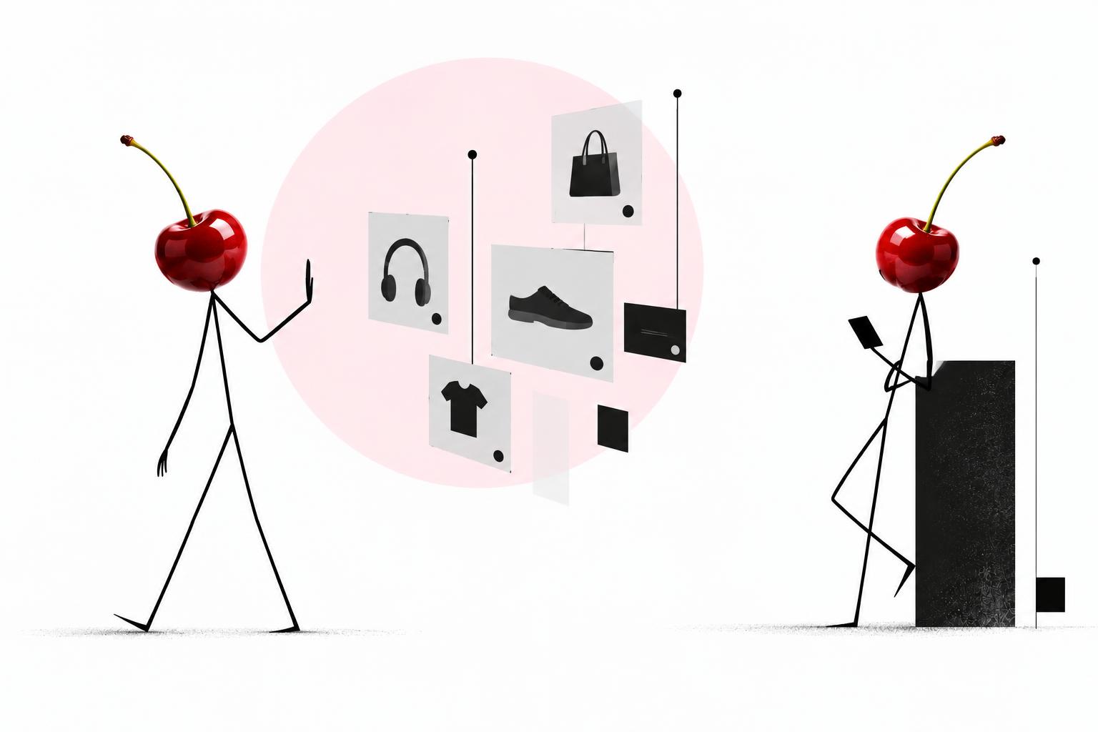 Minimalist illustration of two cherry-headed figures, one waving away a cluster of floating advertising panels while the other leans on a block scrolling a phone