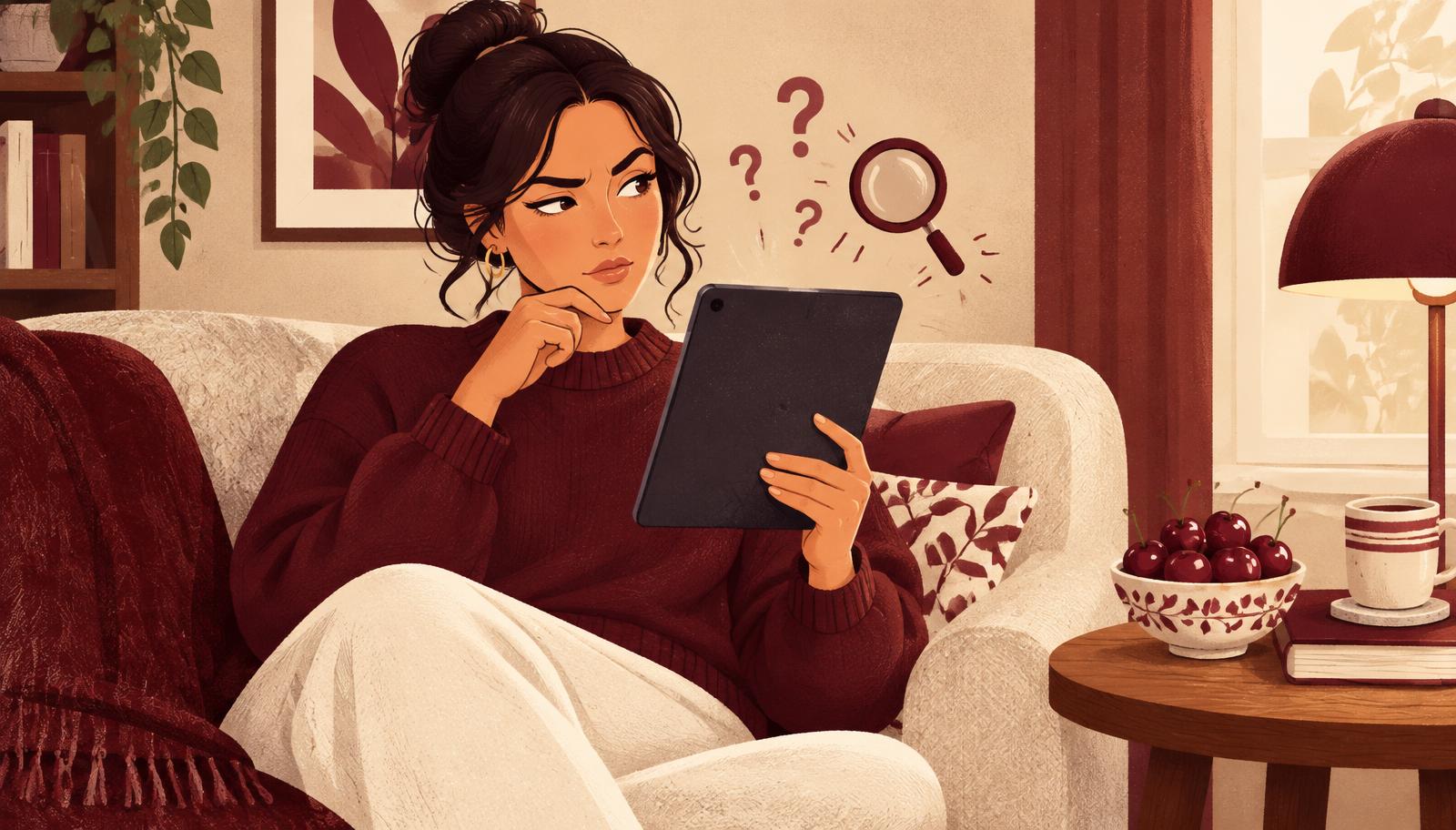 Editorial illustration of a woman on a sofa reading a brand article on a tablet with a skeptical expression, a cherry on the side table