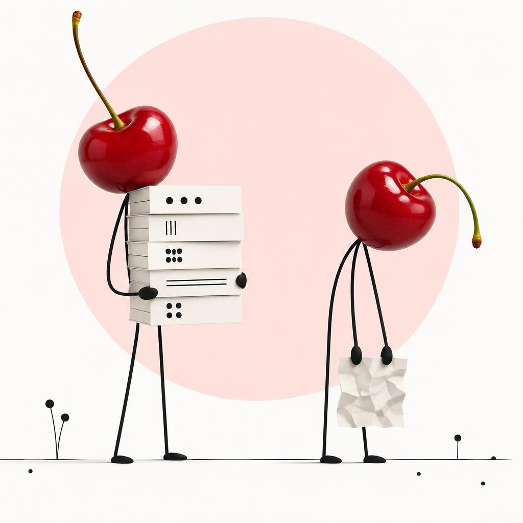 Minimalist illustration of a cherry-headed figure holding a stack of data panels while another holds a crumpled sheet