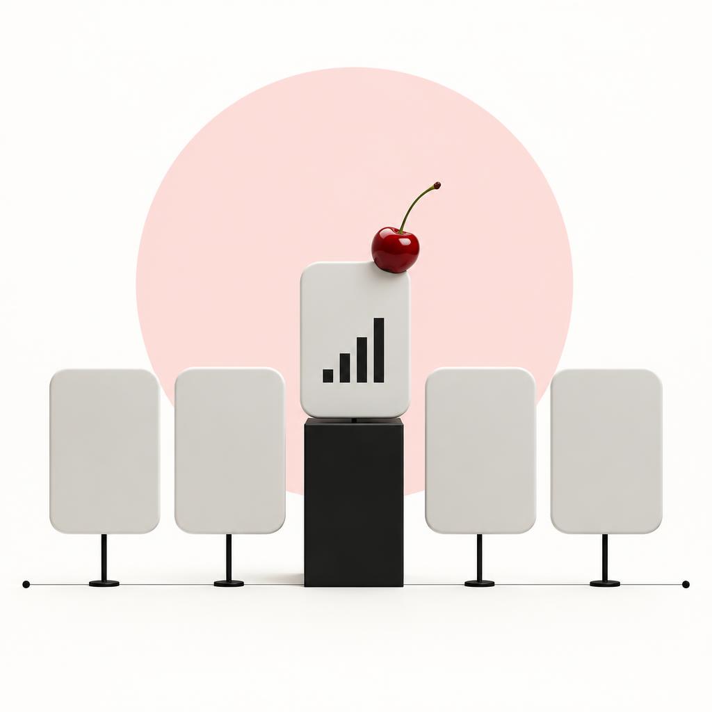 A glowing original ranking on a pedestal stands out from a row of indistinct generic articles.