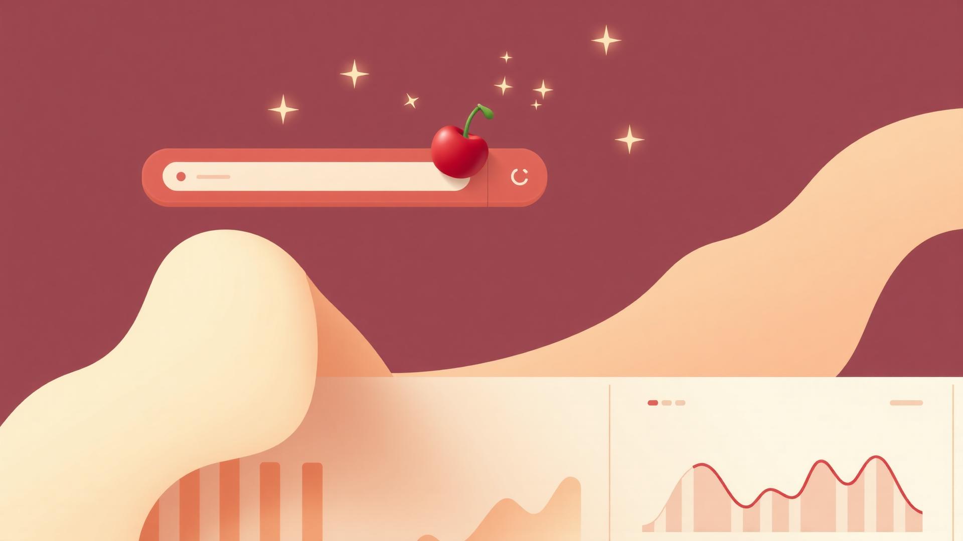 Editorial illustration of a search bar with AI sparkles above charts and graphs, with a small cherry resting on the bar.