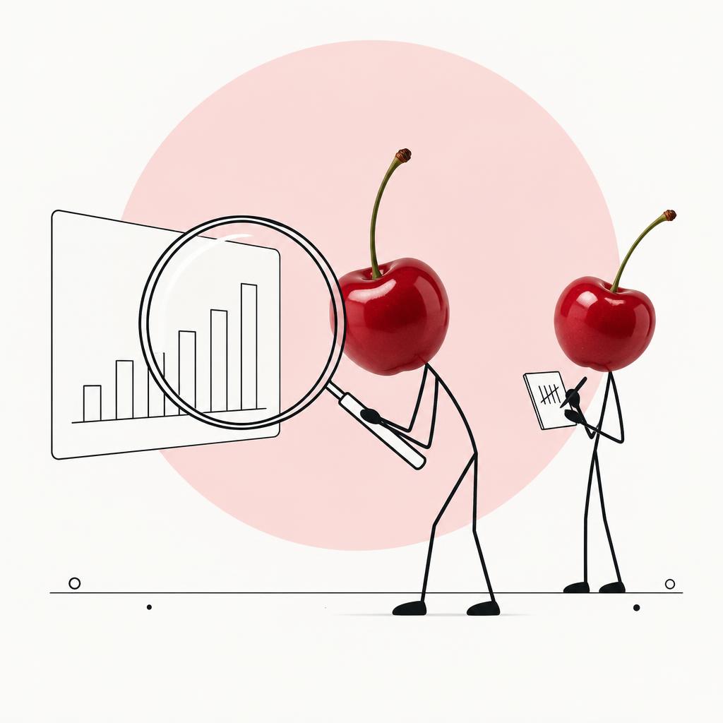 Minimalist illustration of a cherry-headed figure peering through a large magnifying glass at a bar chart while another takes tallies