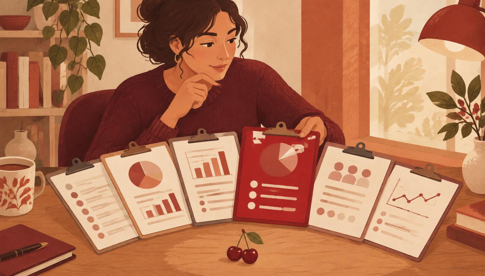 Editorial illustration of a person at a desk comparing a fan of survey clipboards and charts, with one cherry-red clipboard standing out and a cherry on the desk