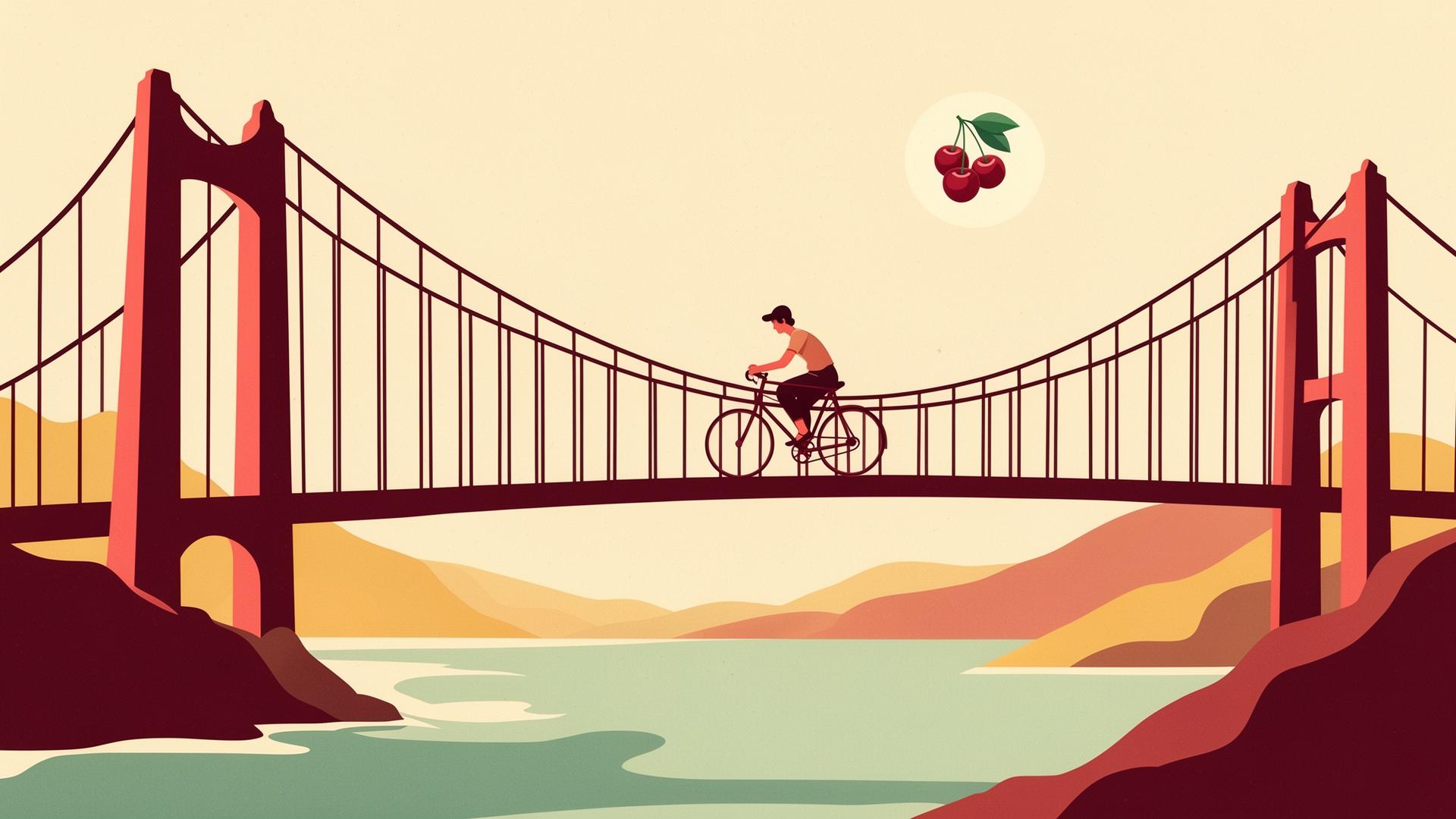 Editorial illustration of a cyclist crossing a tall suspension bridge over a bay