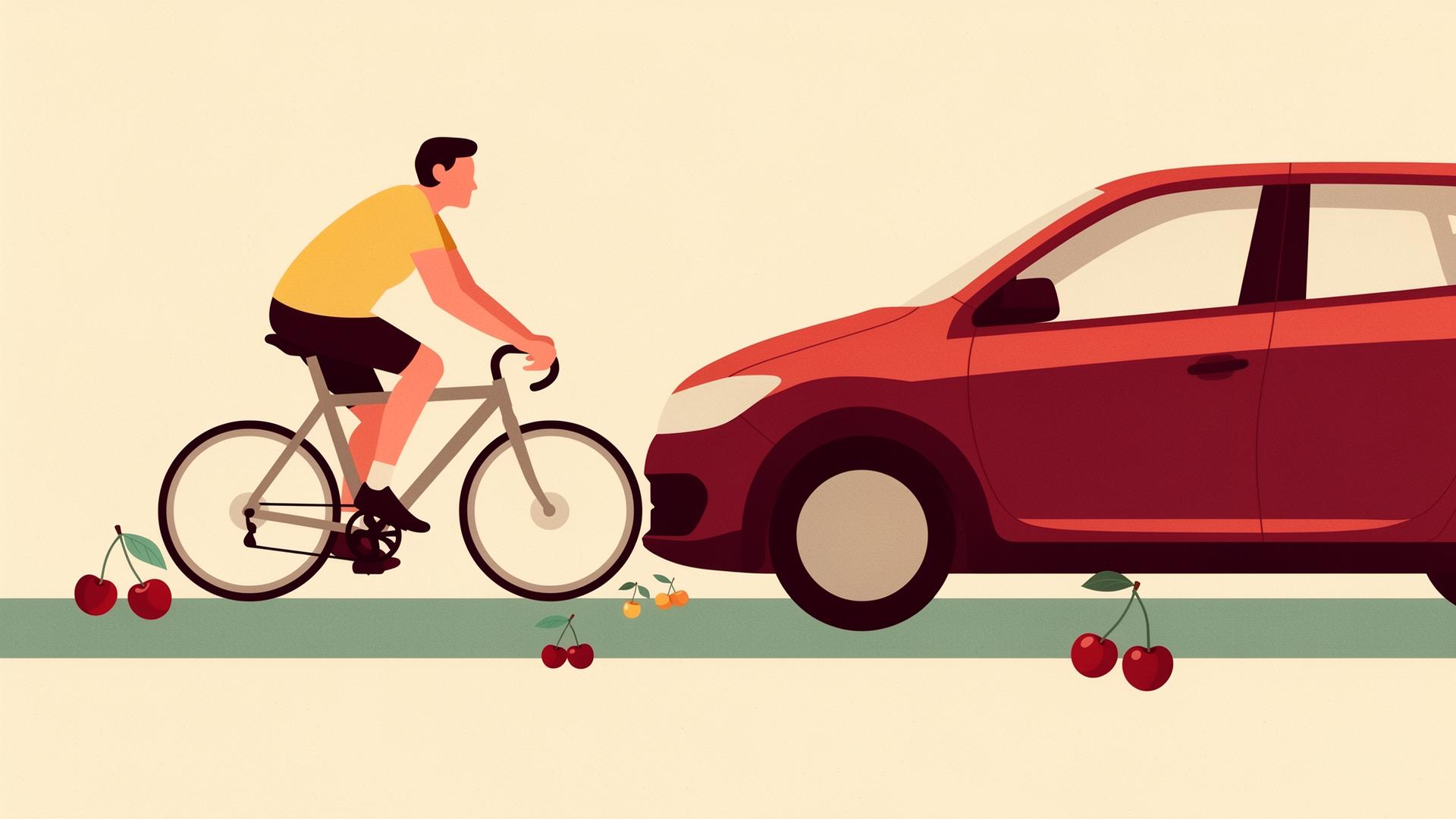 Illustration of a cyclist riding close to a passing car on a narrow bridge shoulder