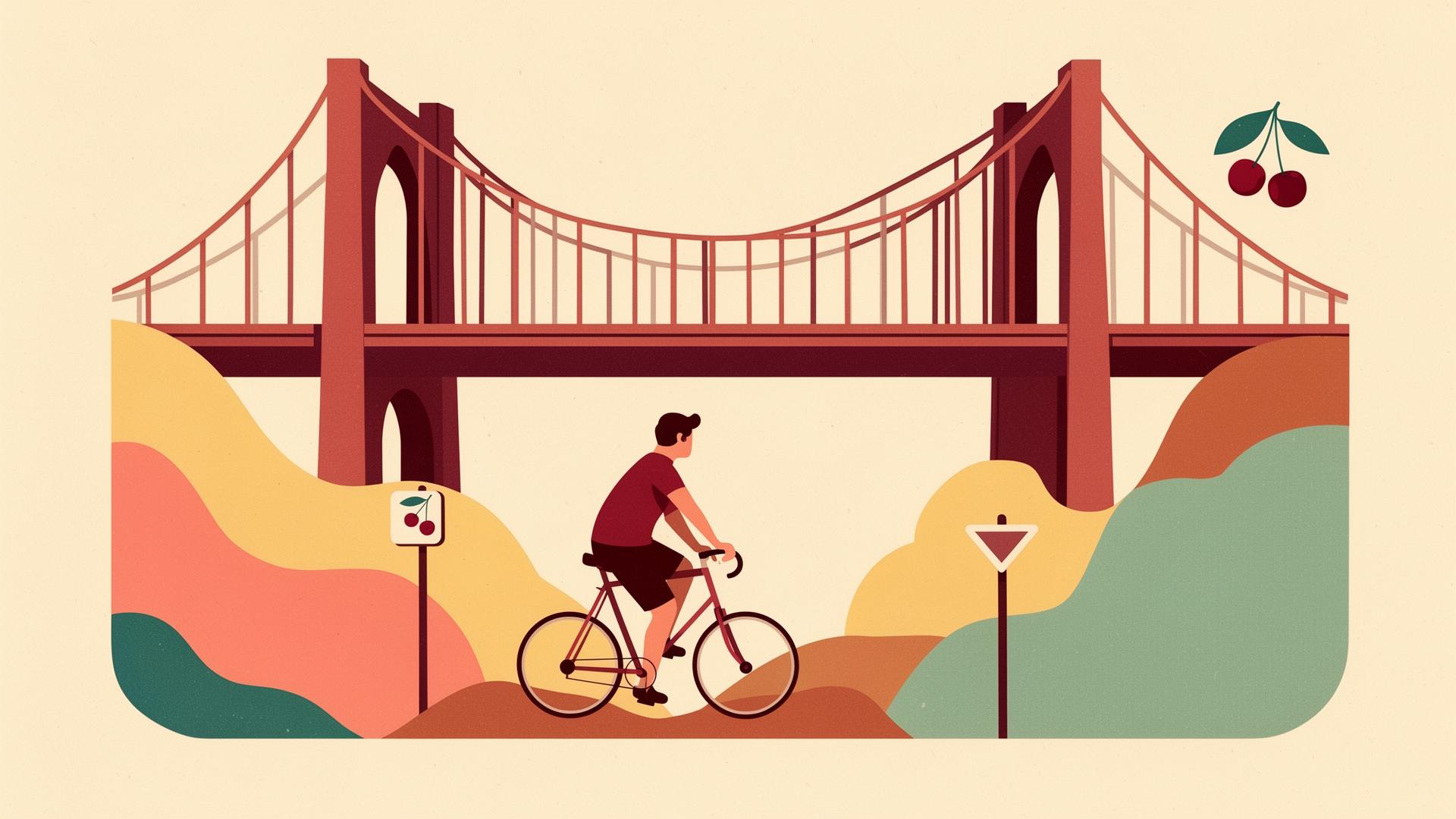 Illustration of a cyclist pausing at the foot of a bridge and choosing a different route