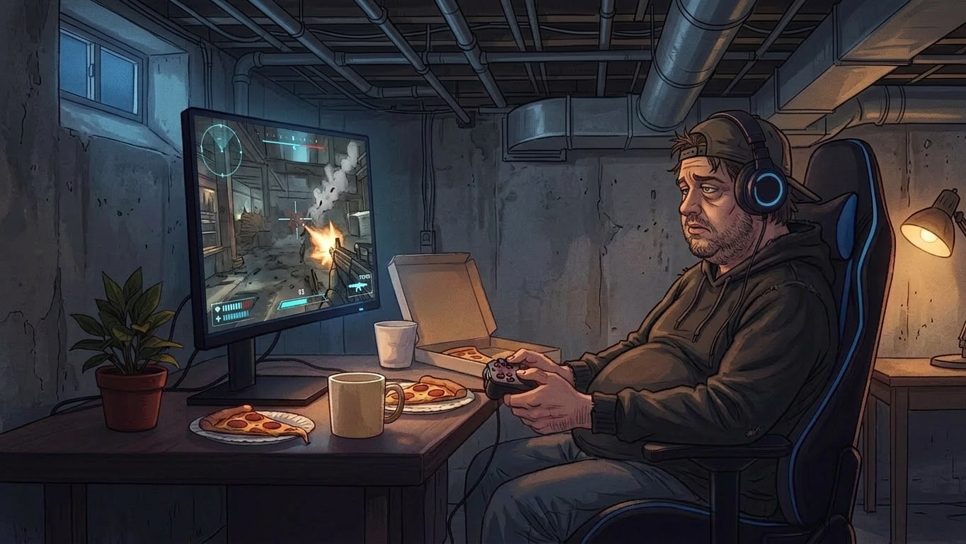 Editorial illustration of a man around 35 with stubble, casually dressed, gaming alone in a dimly lit room with pizza on the desk, headphones on, controller in hand