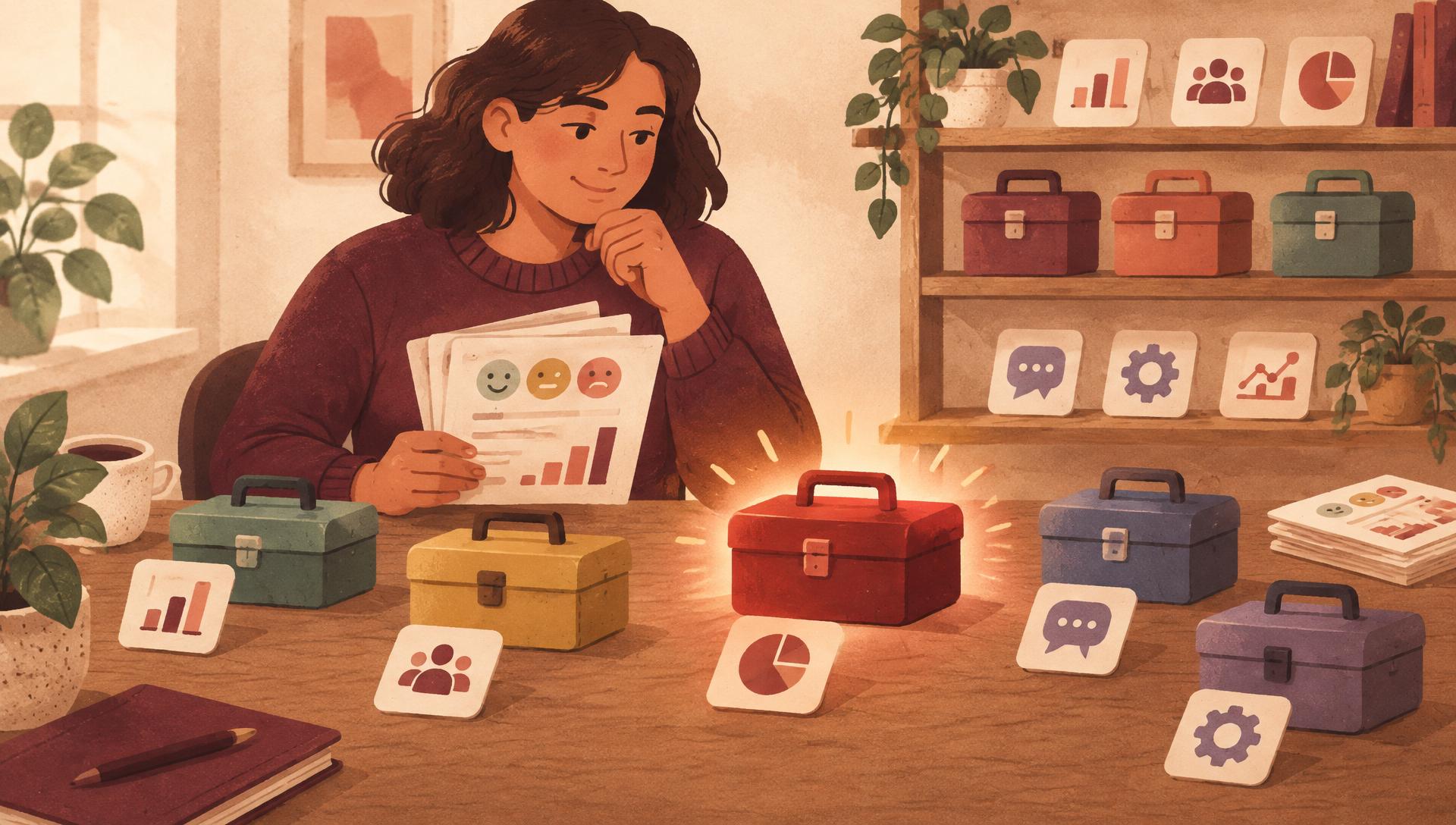 Editorial illustration of a person at a desk comparing a row of colorful survey toolboxes, with one cherry-red toolbox glowing as the standout choice