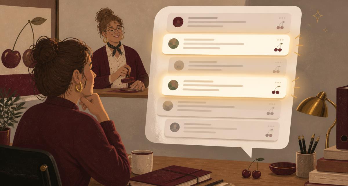 Editorial illustration of a marketing agency owner watching a forum thread of comment cards, two of them glowing as if cited by an AI answer, with a moderator holding a stamp in the background