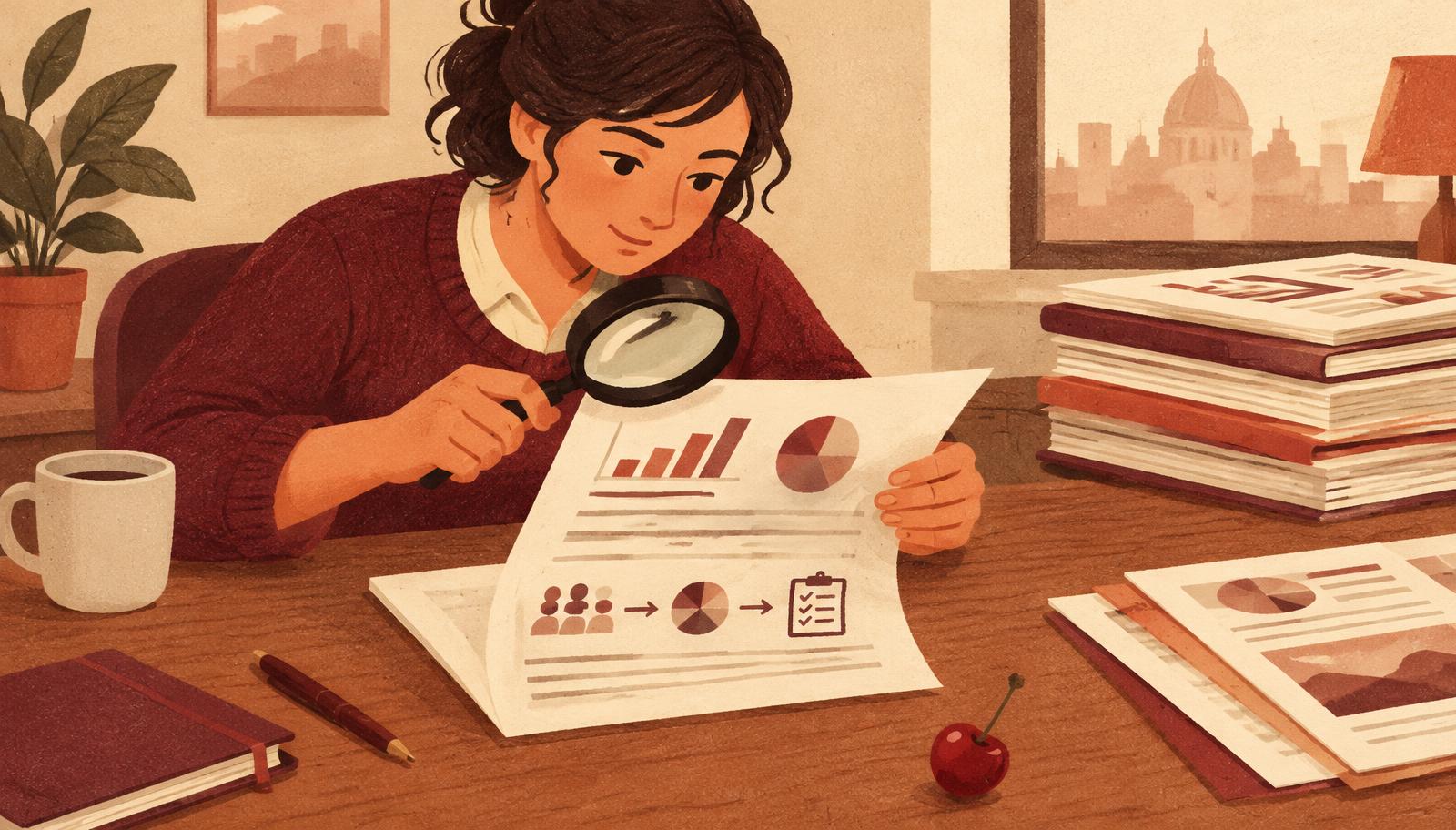 Editorial illustration of a woman at a desk examining a survey report's charts and methodology with a magnifying glass, a stack of reports beside her and a cherry on the desk