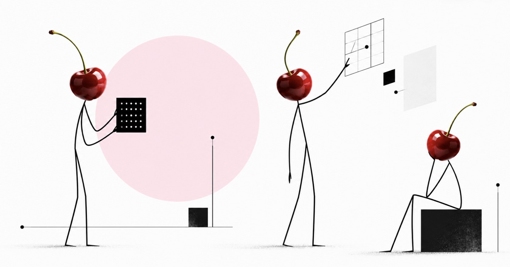 Minimalist illustration of cherry-headed figures examining a dotted data grid, a chart grid and floating panels