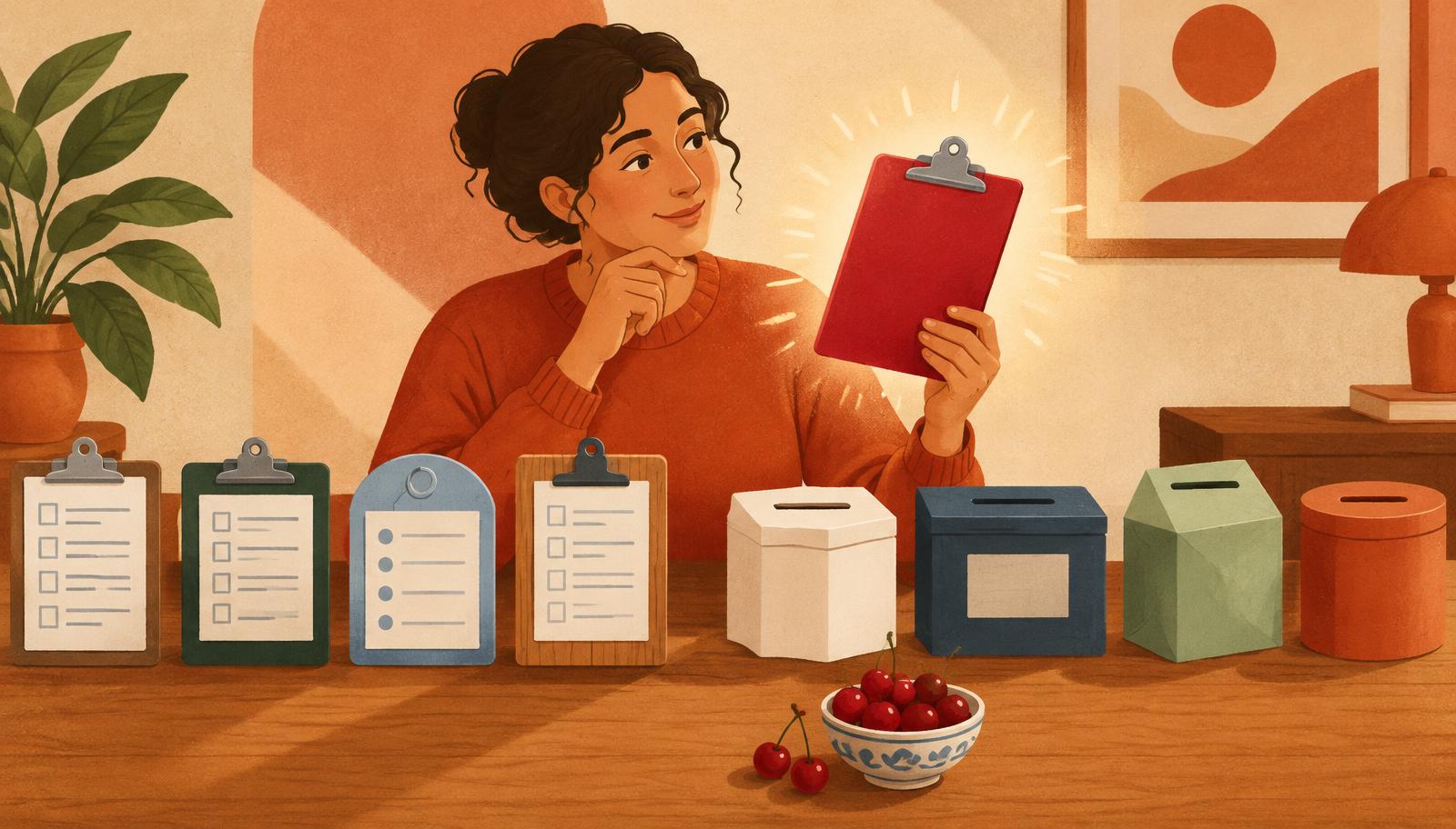 Editorial illustration of a person at a desk weighing up a row of colorful survey clipboards and ballot boxes, with one cherry-red clipboard glowing as the standout choice