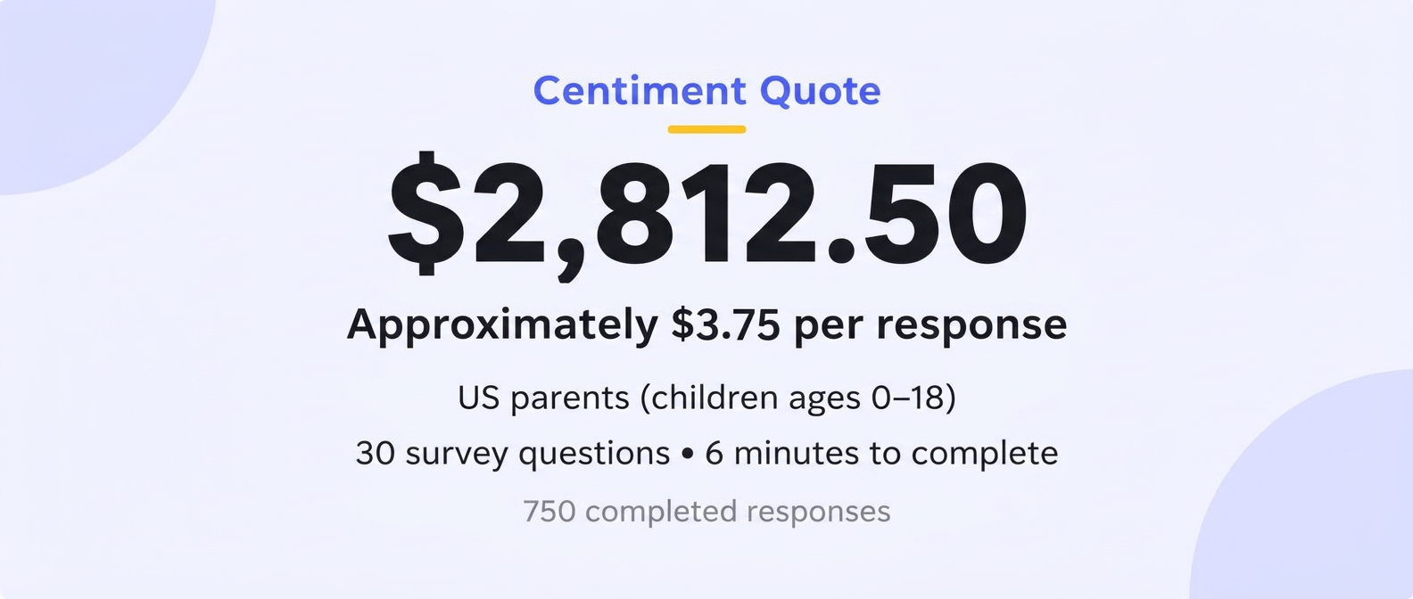 Centiment quote of $2,812.50 for a survey of US parents with children ages 0 to 18, 30 questions, 6 minutes to complete, 750 completed responses
