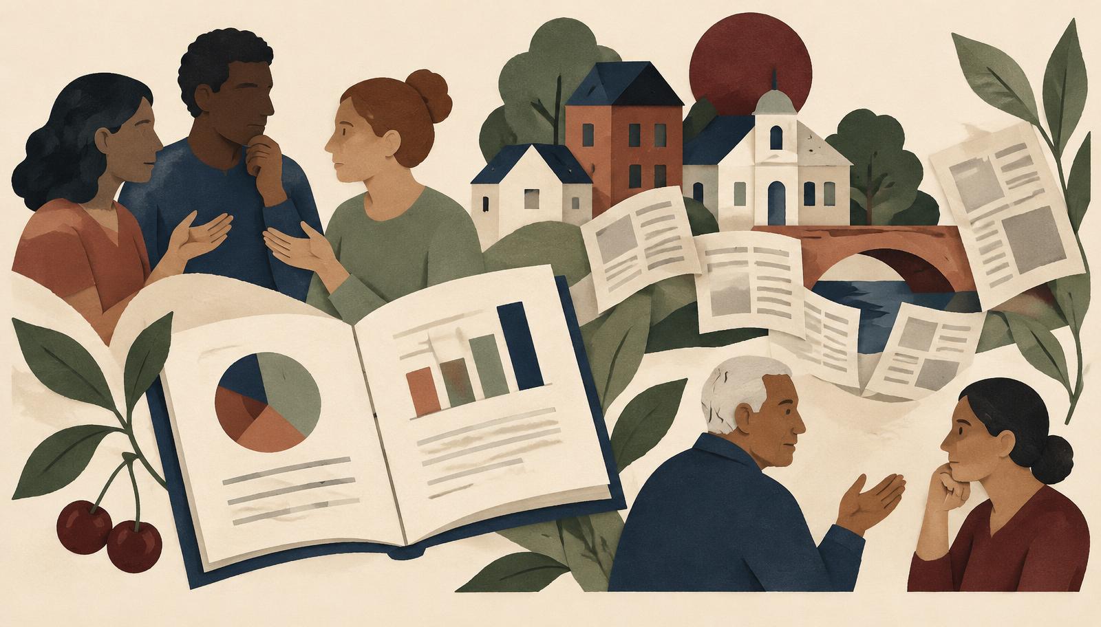 Editorial illustration connecting survey conversations, research and local news.