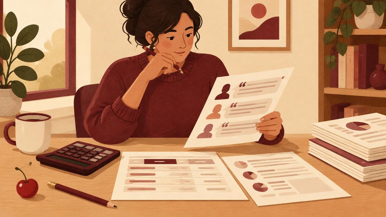 Illustration of a marketer comparing survey research quotes and pricing at a desk, with a cherry on the desk